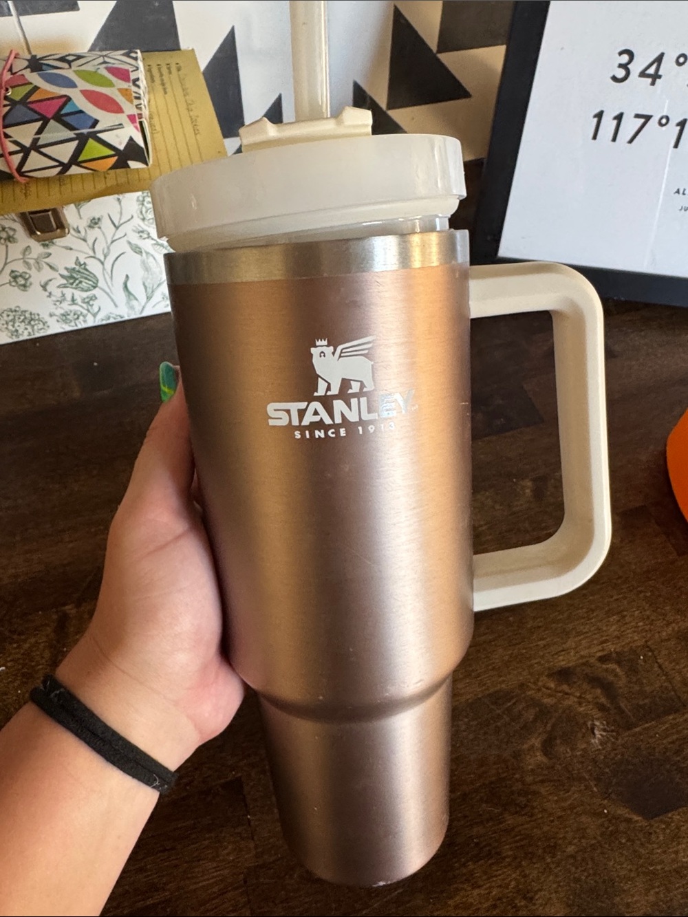 Stanley Rose Gold Travel Mug with Cream Handle